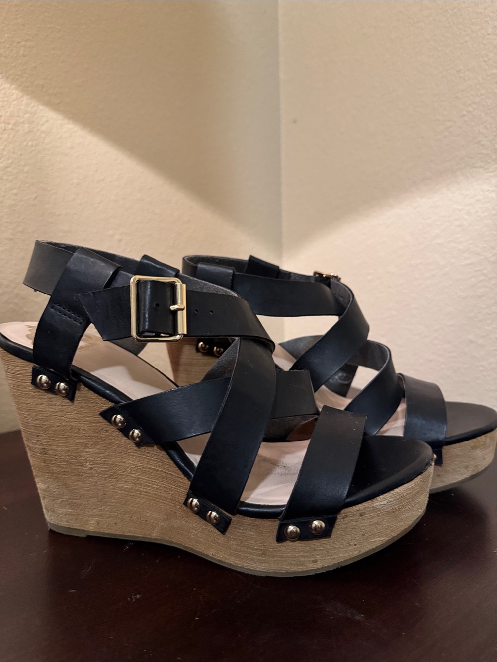 Black Strappy Wedge Sandals with Stud Details
